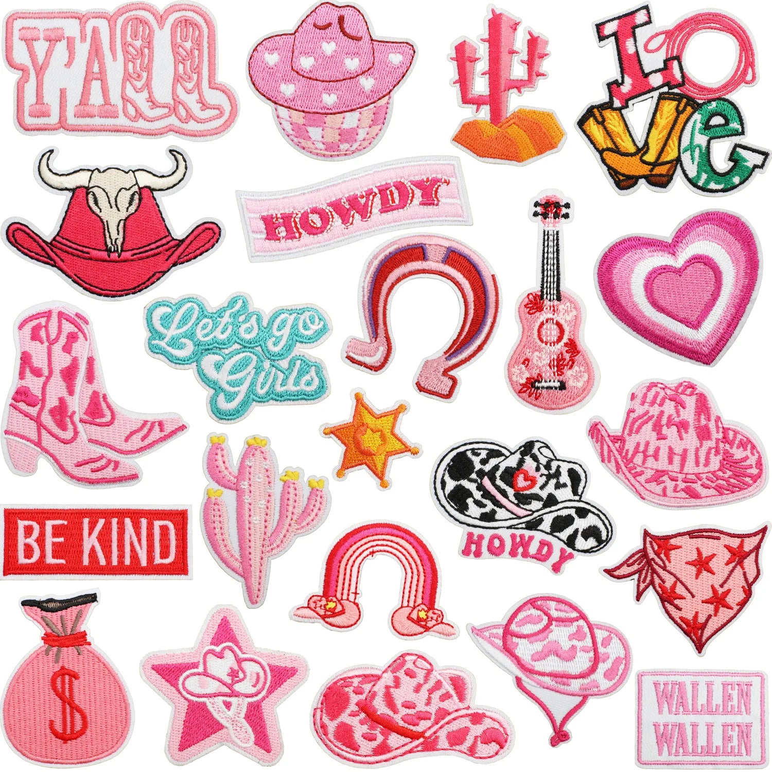Embroidered Iron on pink Howdy Cowgirl Boots Skull Pursebag Yall Patch for Clothing Hat Bag Decoration