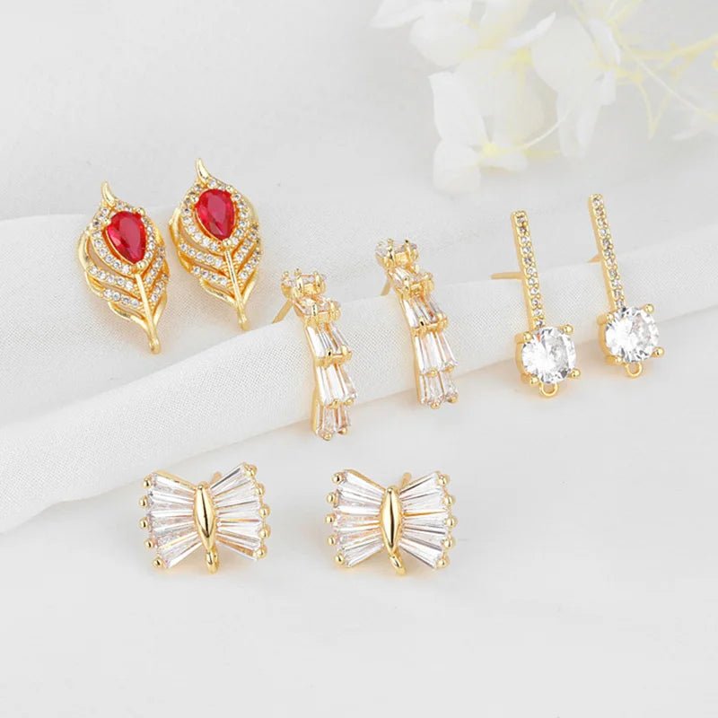 Fashion DIY Jewelry Making Accessories 14K Gold Plated Feather Bow Shaped Earrings for Women Zircon Studs Earring