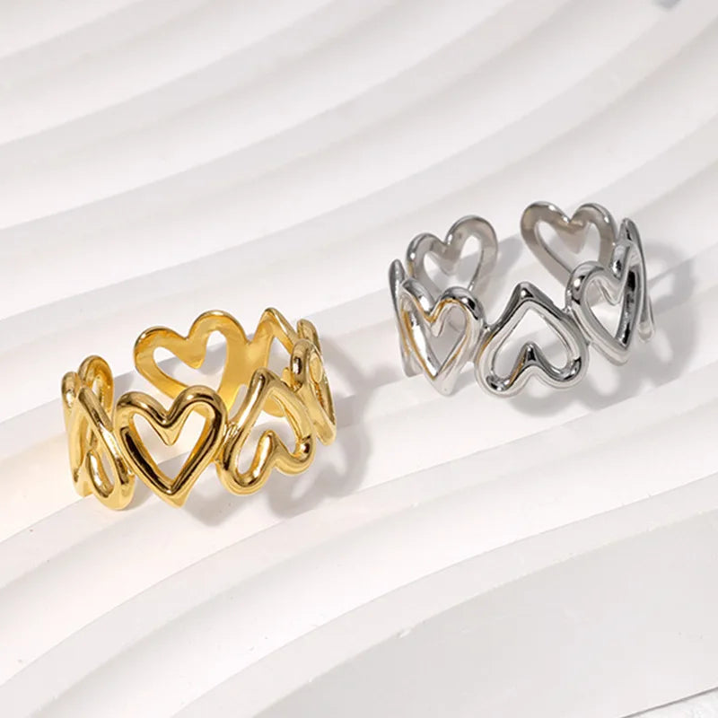Simple Adjustable Gold Opening Love Hollow Stainless Steel Heart Shaped Titanium Fine Finger Ring for Woman