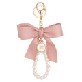 Creative Large Silk Ribbon Bow Knot Pearl Tassel Key Ring Rhinestone Crystal Bow Keychain for Women Girl