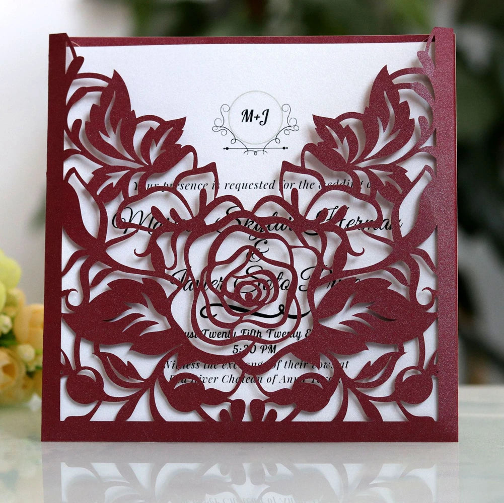 Burgundy Laser Pocket Invitation Card Laser Cut Pocket Envelope with Brush Pink Invitations Suite for Party Event