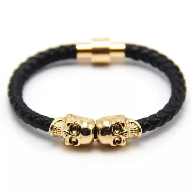 New Fashion Punk Style Stainless Steel Gold Skull Multi-color Charm Leather Bracelet for Men and Women