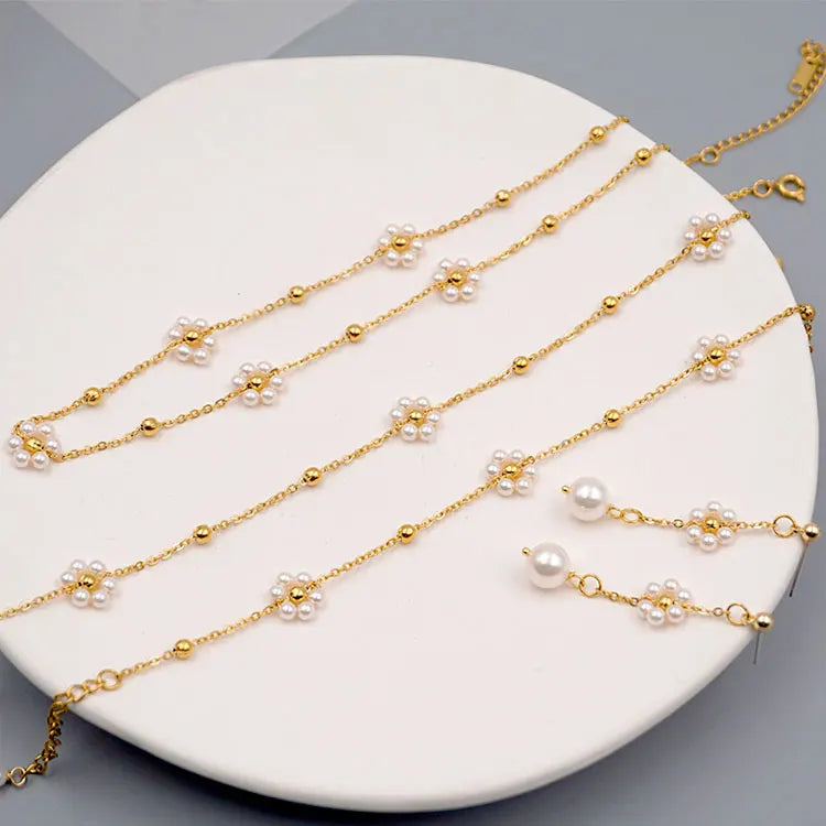 Women 4 Pcs 18K Gold Plated Stainless Steel Pearl Daisy Flower Necklace Bracelet Earrings Anklet Jewelry Set for Bosom Friend