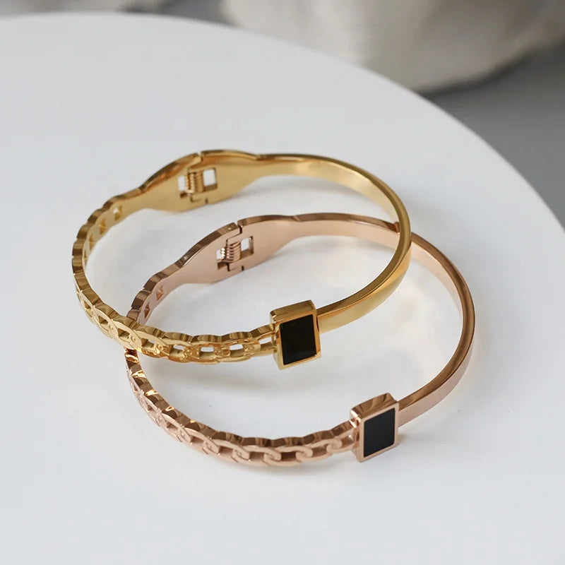 Fashion Women Jewelry Stainless Steel Link Chain Shape Black Block Bangle