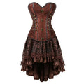Women Gothic Steampunk Corset Dress Pirate Costume PU Leather Corset Bustier Lingerie Top With Asymmetric Floral Lace Skirt Set