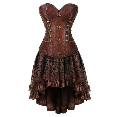 Women Gothic Steampunk Corset Dress Pirate Costume PU Leather Corset Bustier Lingerie Top With Asymmetric Floral Lace Skirt Set