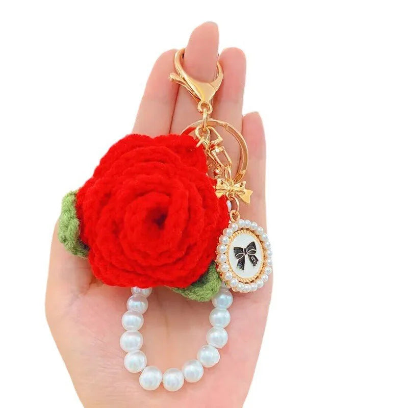 Women Girl Bag Pendant Car Charm Gift Crochet Fashion Flower Plush Pearl Key Chain Weave Camellia Rose Keychain