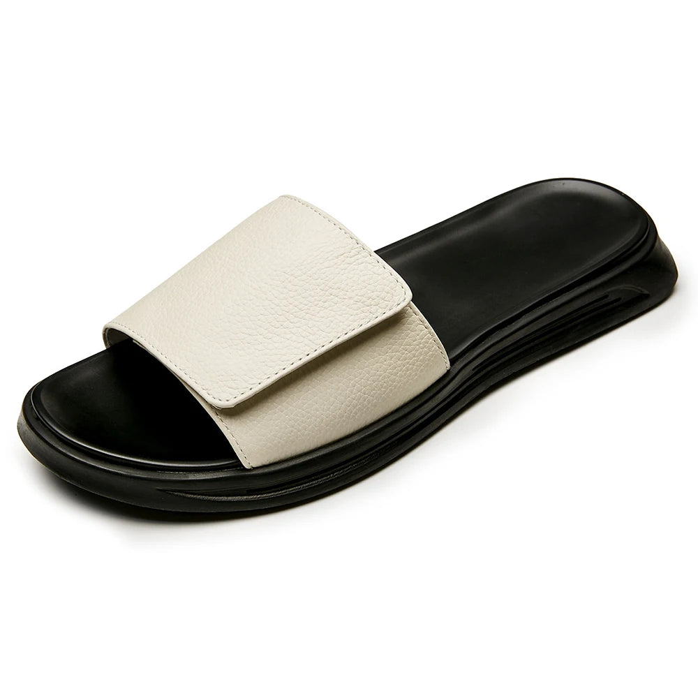 Men's Winter Genuine Leather Sandals with Custom Logo White Top Grain Leather Slide-Ons Hook-and-Loop Strap Slippers New Design