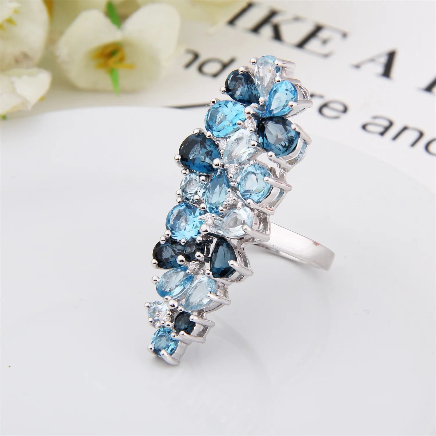 Abiding Fine Jewelry Elegant Natural Stone Sky Blue Topaz Gemstone 925 Sterling Silver Cluster Setting Blue Topaz Ring