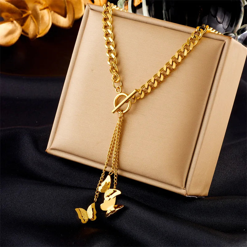 Fashion Non Tarnish Thick Chain Stainless Steel 18K Gold Butterfly Tassel Pendant Necklace for Women