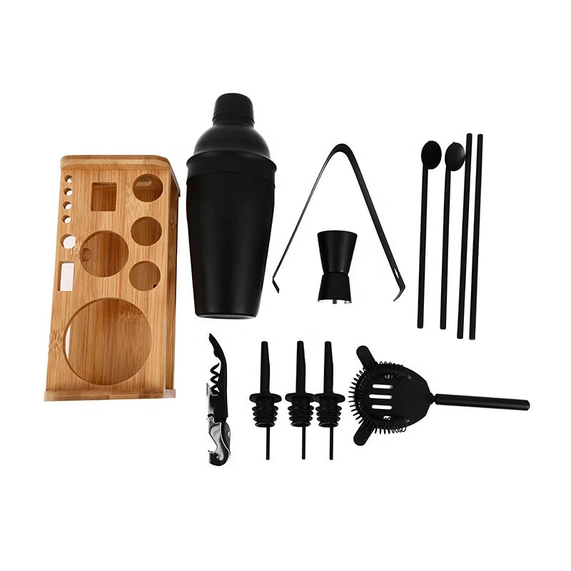 Best High Quality Stainless Steel Cocktail Shaker Set with Bamboo Stand Most Popular Bartender Gift Kit Essential Bar Ware Tools