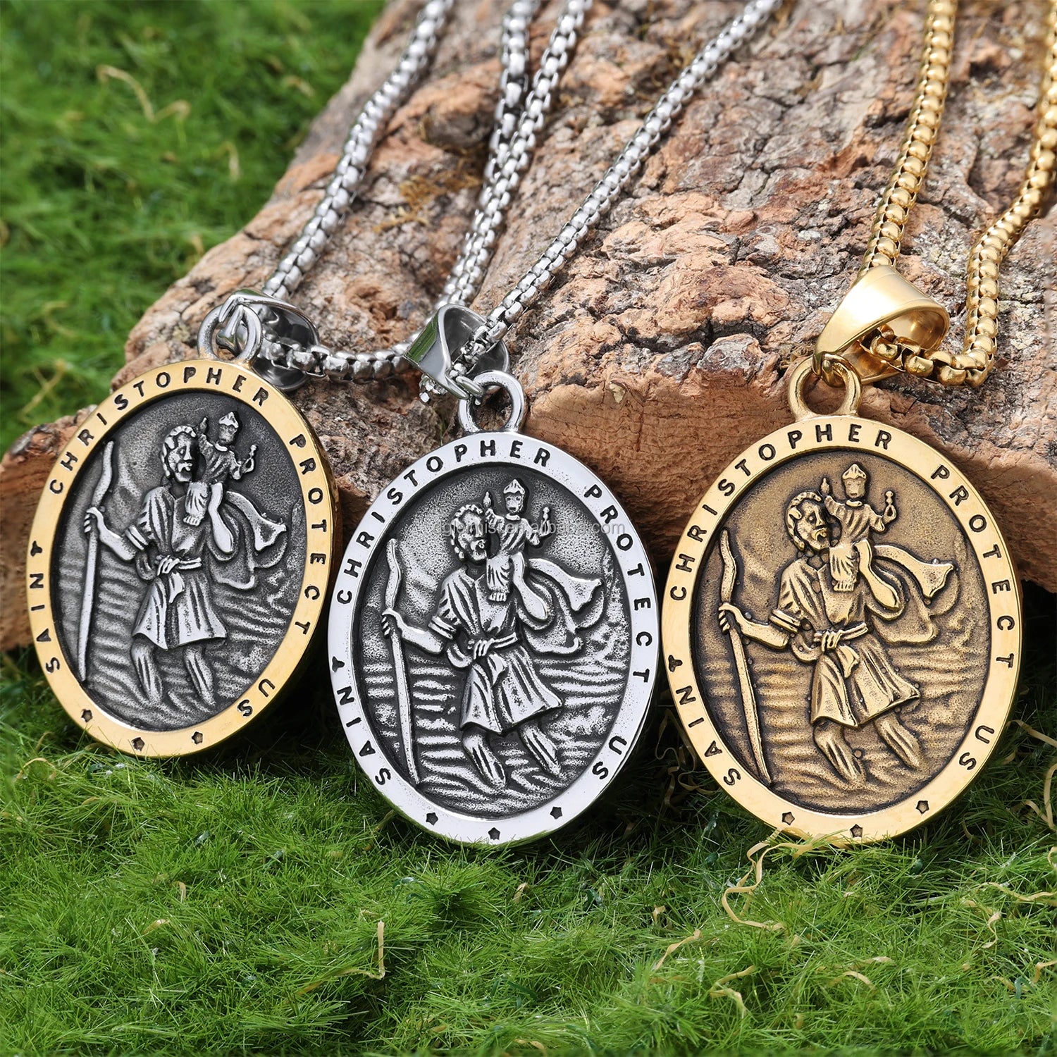 GOLD Saint Christopher Medal Necklace with 24inch Chain Saint Medals | Amulet Necklace Protection Jewelry for Men with