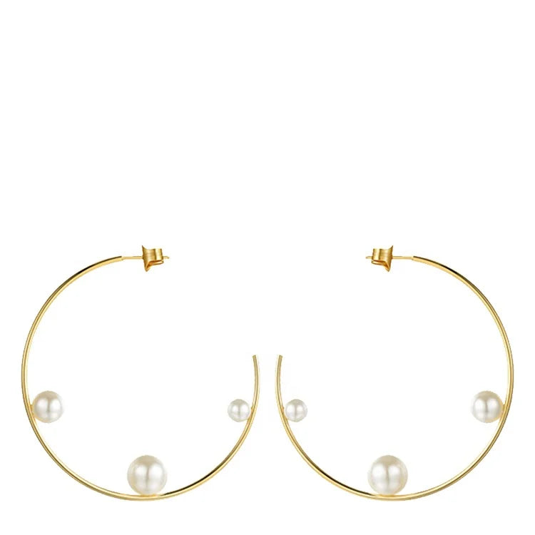 Geometric Pearl Line Hoop Earrings Gold Color Stainless Steel Circle Earrings for Women Earings Wholesale EEF1014