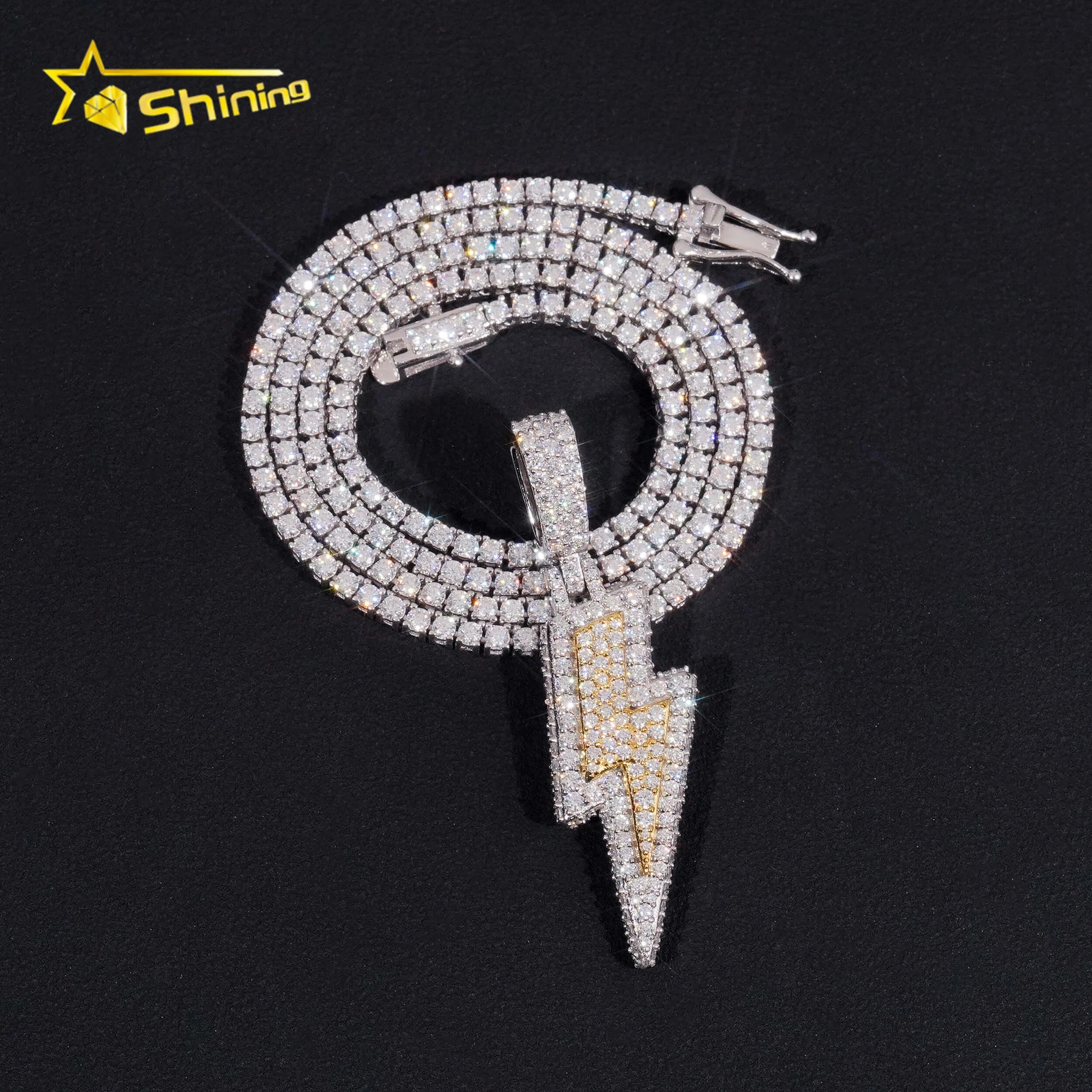 Custom Made Lightning Two Tone Hip Hop Iced Out 925 Silver Diamond Moissanite Pendant With Tennis Chain