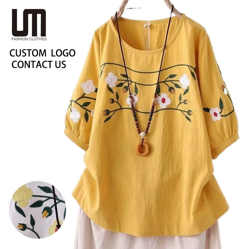 Oem Odm New Retro Ethnic Embroidered Cotton T-Shirt - Women's Plus Size Loose Fit Short Sleeve Top Breathable Boho Blouse