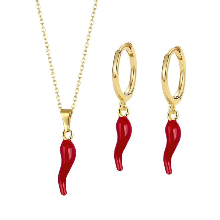Lucky Italian Horn Earrings Gold Enamel Red Chili Pepper Necklace Fashion Jewelry Necklace and Earrings Jewelry Set for Women