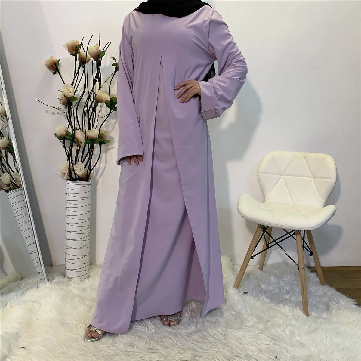 Muslim Women Solid Color Long Dress Middle East Islamic Ladies Ethnic Clothing Plain Crew Neck Modest Abaya Dress
