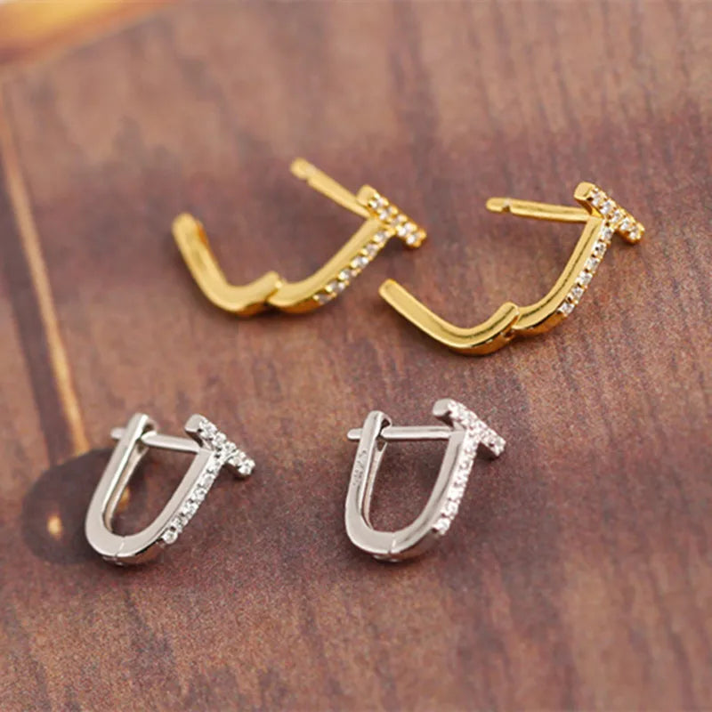New Micro Pave CZ Diamond 925 Sterling Silver T Shaped Huggie Hoop Earrings for Women