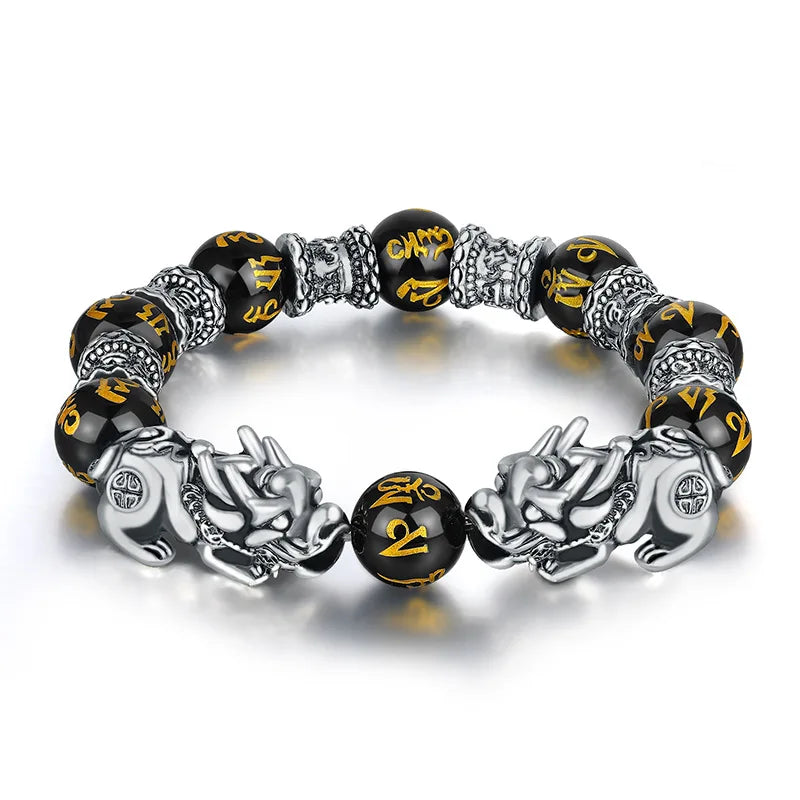 Wholesale Mani Mantra Jade Stone Black Obsidian Bead Charm Pi Xiu Piyao Good Luck Pixiu Feng Shui Bracelet Jewelry