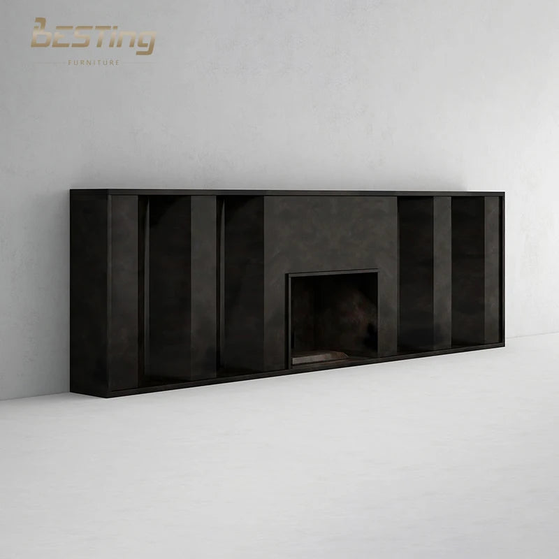 Italian Exquisite Luxury Modern Design Black Marble Convertible Fireplace TV Stand for Living Room and Hospital Use