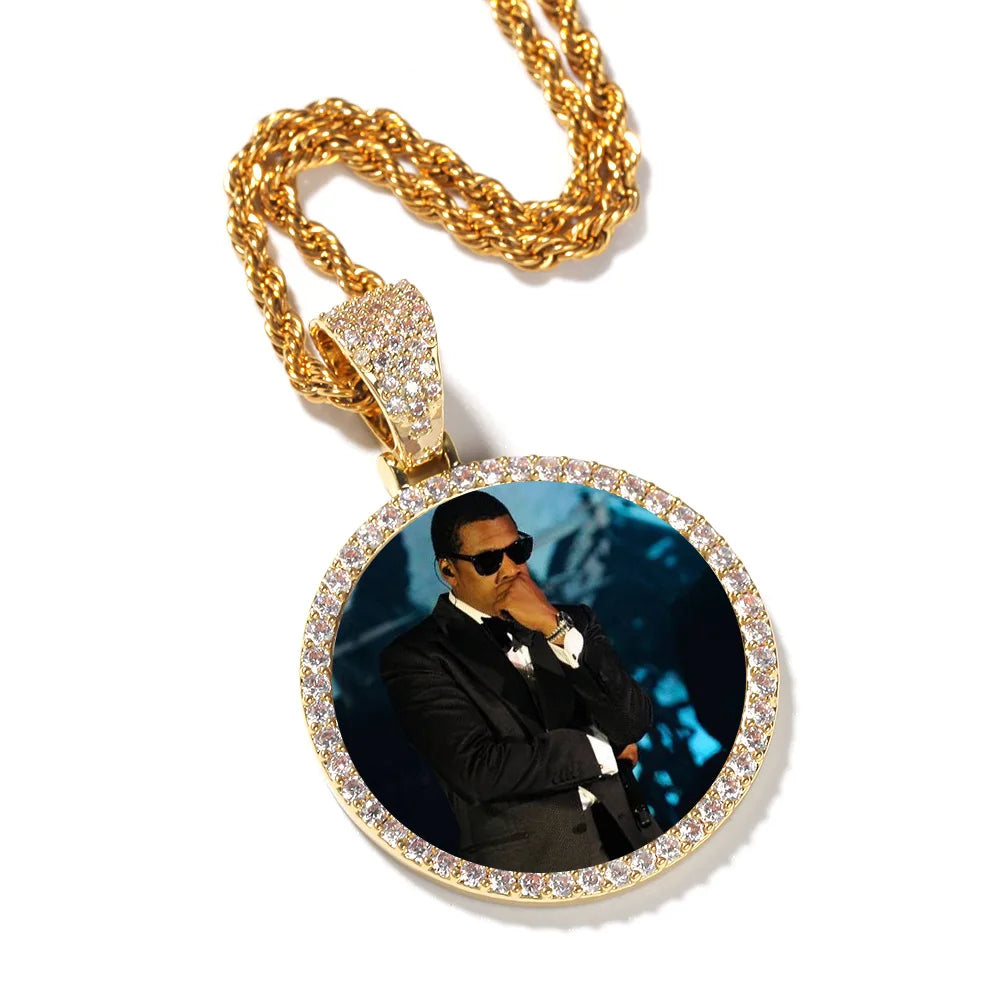 Custom Cheap Iced Out Hip Hop 35mm 45mm Brass Zircon Medallion Circle Cz Photo Picture Memory Pendants Necklace