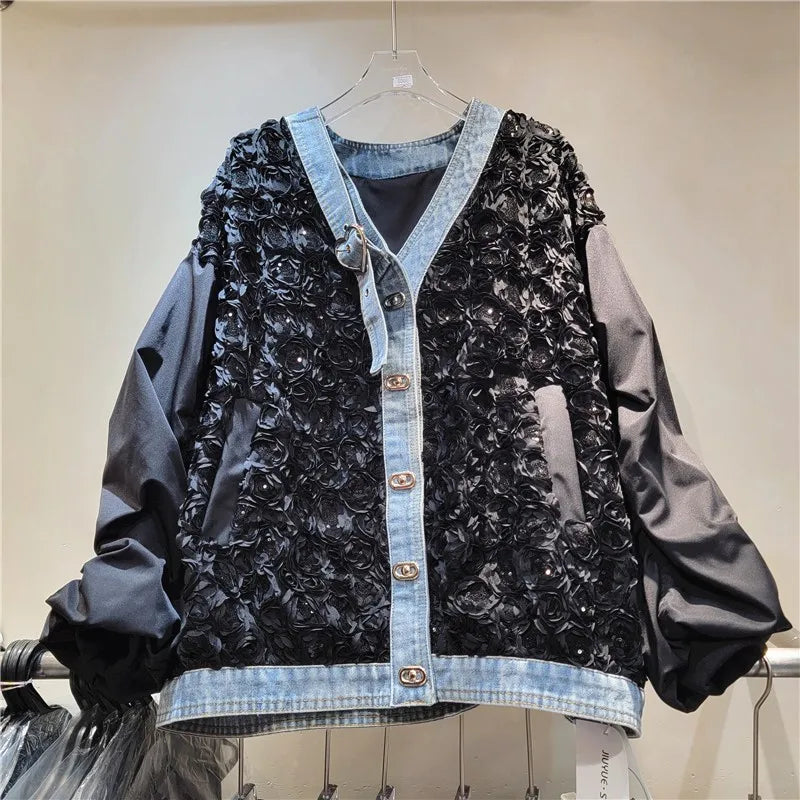 Boutique wholesale 2025 autumn new fashionable V-neck loose splicing denim long sleeved women's jacket