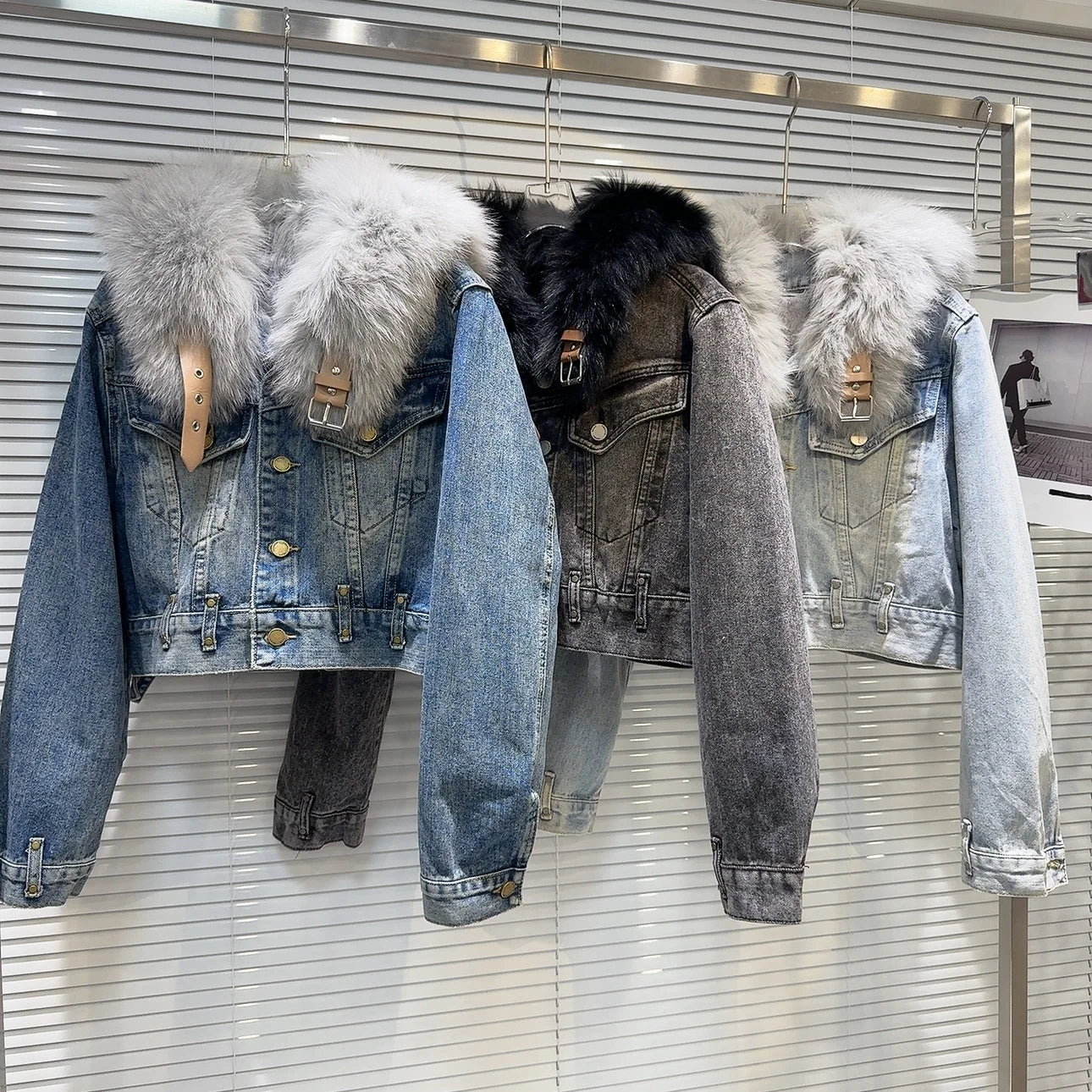 OUDINA Fashion in Stock Fur Splice Belt Buckle Long Sleeve Jacket for Women Ladies Casual Denim Jacket
