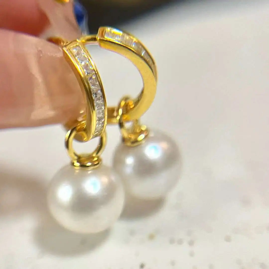 S925 Pure Silver Gold Plated Cute Ear Buckle Round Strong Edison Freshwater Pearl Earrings 10-11mm 1 Pair 788 Anniversary