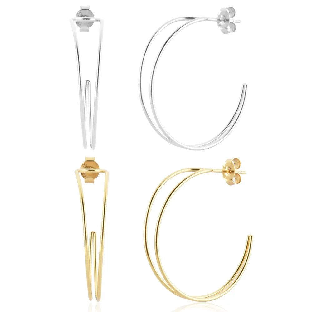 FUAMAY Aretes De Plata 925 Silver Double Layer Thin C-shaped Earring Hoops Big Thin Hoop Earrings