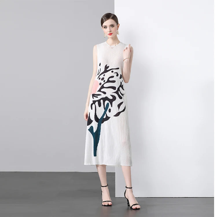 Customized Miyake Pleated Korean Women's Chiffon Natural Bodycon Sleeveless Elegant Holiday Flower Printed Casual Loose Summer