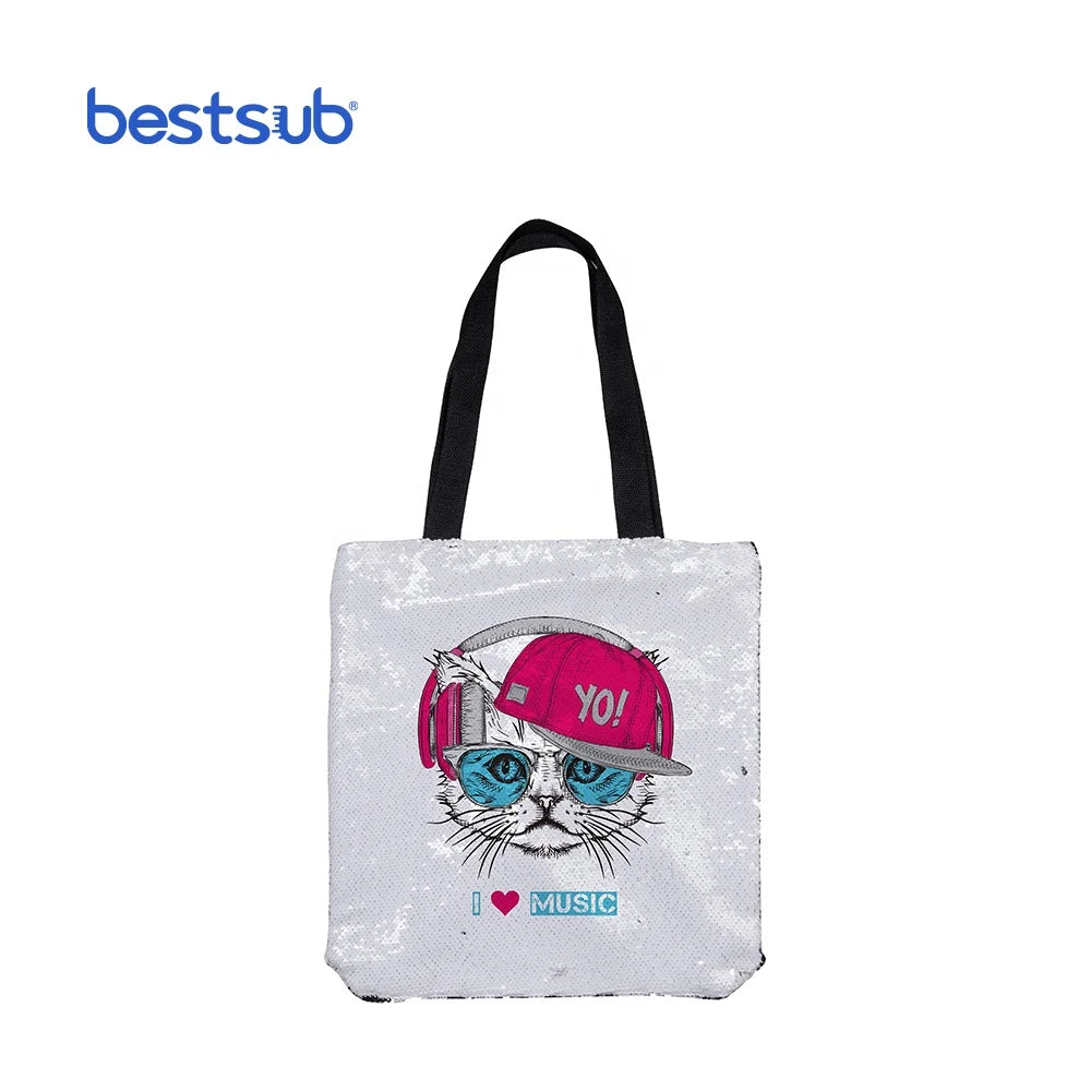 BestSub Wholesale Custom Sublimation Blanks Double Layer Tote Sequin Bag Black and White