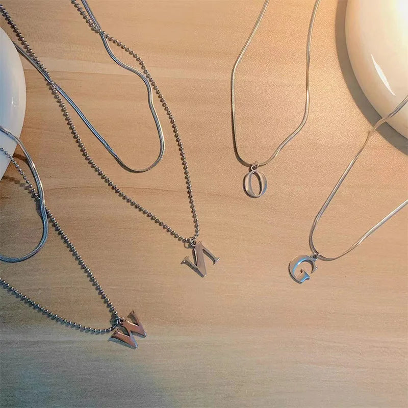 Simple Snake Bone Chain with 26 Initial Letter Pendant Necklace Stainless Steel Trendy Style Christian Religious Jewelry
