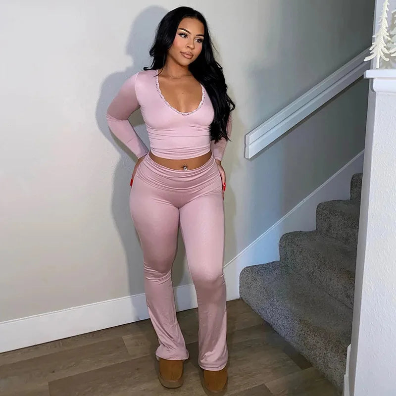 New Spring 2026 Lace V-neck Elegant Casual Long Sleeve Crop Top Two Piece Pants Sets Solid Color Bodycon Women Clothing
