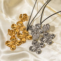New Style Fashion 18K Gold Plated Chunky Black Wax String Petal Stainless Steel Flower Pendant Earring Necklace