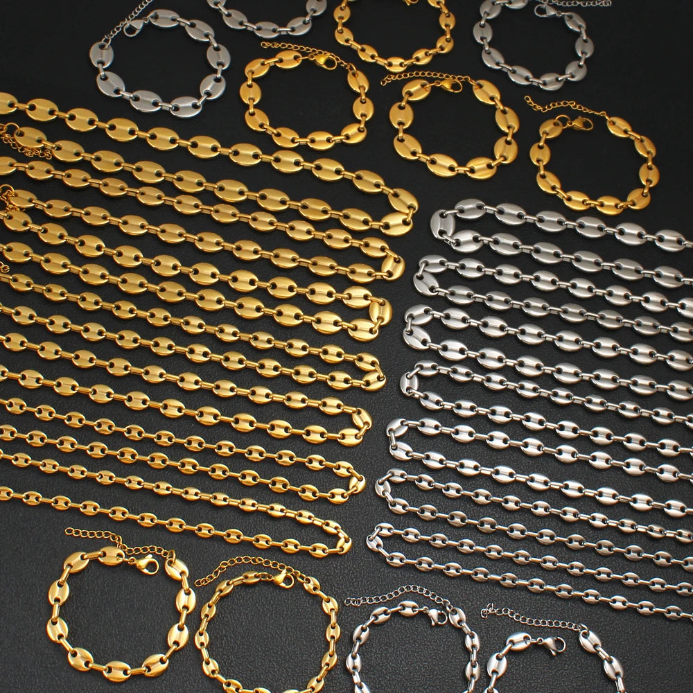 6/7/8/9/10/11/13MM  Coffee Bean Stainless Steel Necklace Bracelet Jewelry Set French Style Waterproof Hypoallergenic