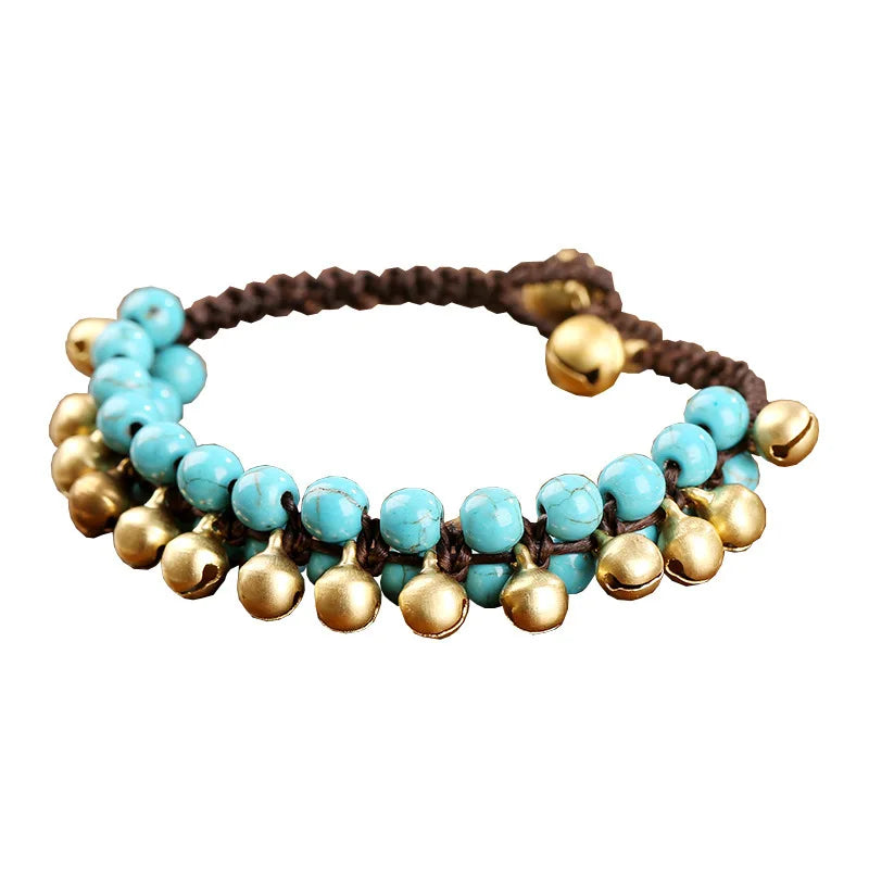Thailand Wax Rope Braided Bohemian Style Turquoise Copper Bell Bracelet Child Holiday Gift Jewelry