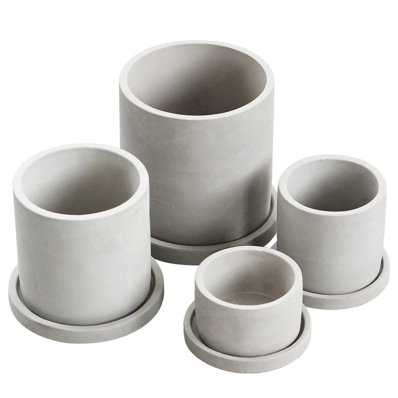 Round Cylinder Shape Nordic Simple Style Cement Concrete Flower Pot with Saucer for Home Decor