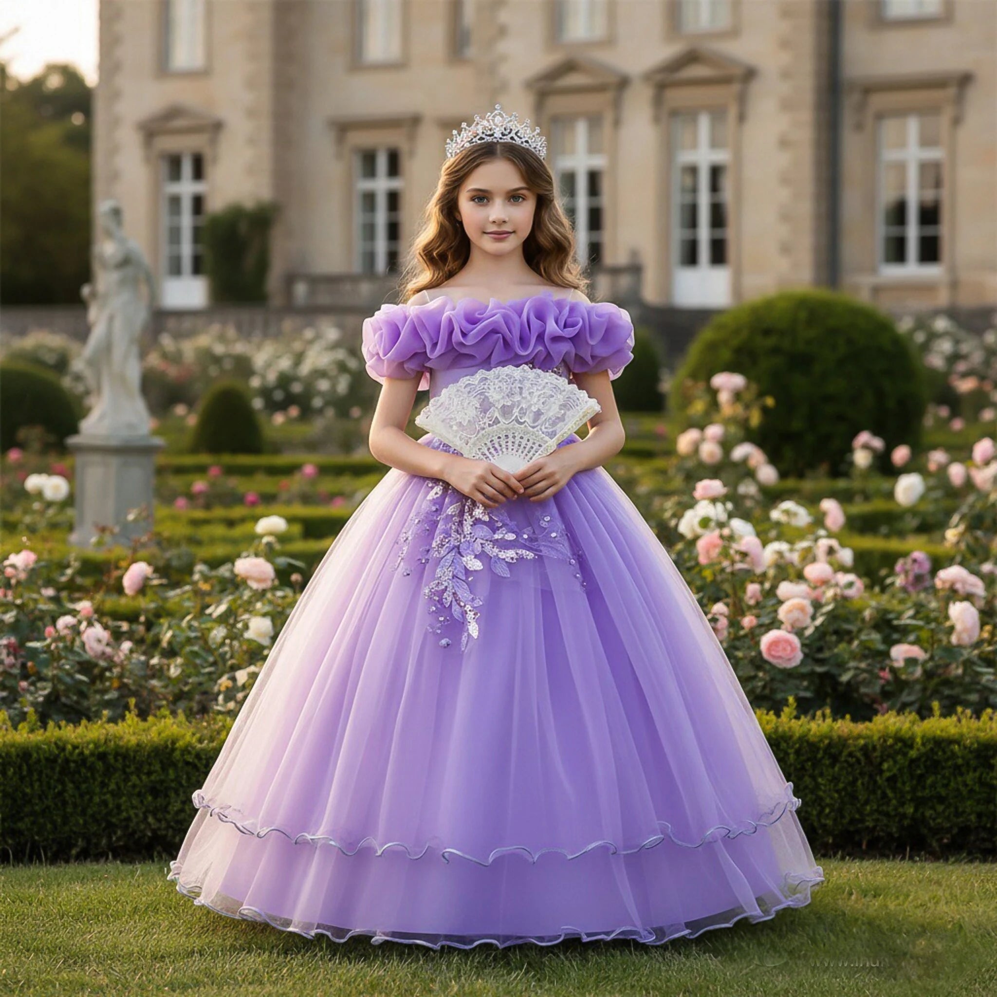 European Style One Shoulder Fluffy Mesh Children's Princess Dress Flower Girl Wedding Dress Elegant Banquet Girl Evening Dress