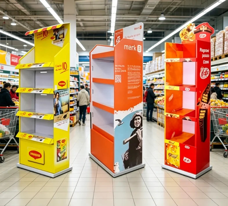 Customized Logo 4 Tier Cardboard Retail POS Floor Display Stand POP up Paper Food Snack Display Shelf Rack Stand for Supermarket