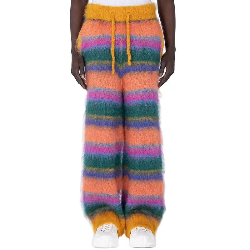 Custom Men's Mohair Knit Trousers with Mid Waist Designer Knitwear Pants with Straight Pattern and Furry Drawstring OEM & ODM