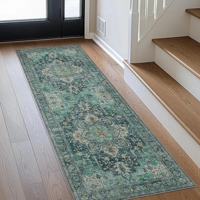 Dark Green 2x6ft Runner Rugs Machine Washable Low Pile Wear Resistance Soft Print Vintage Retro Style Home Entryway Corridor