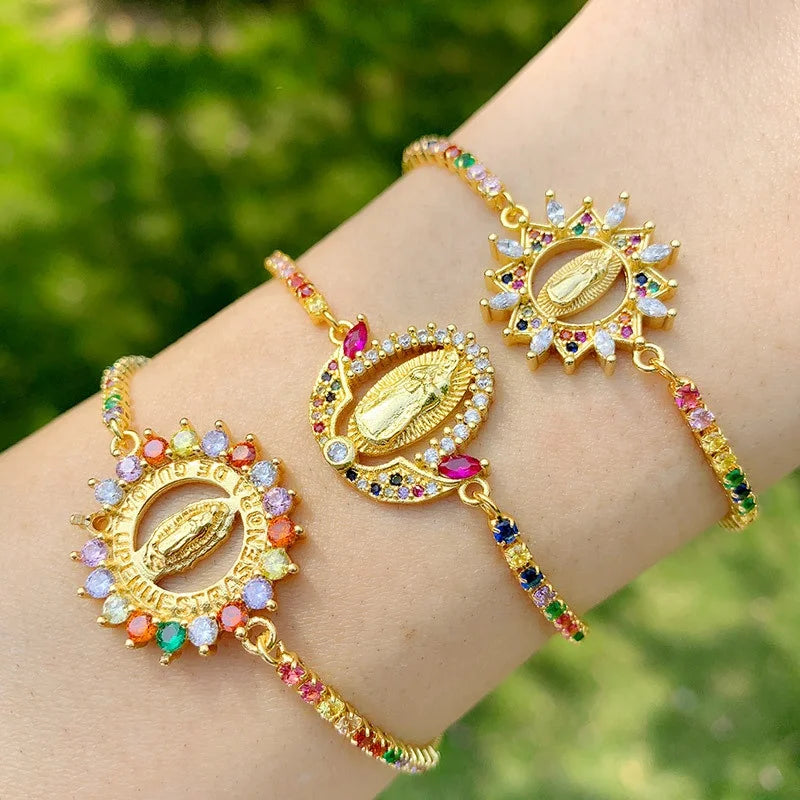 Fashion Copper Plated 18 K Gold Colored Zircon Virgin Mary Charm Bracelet for Women MegaBDM