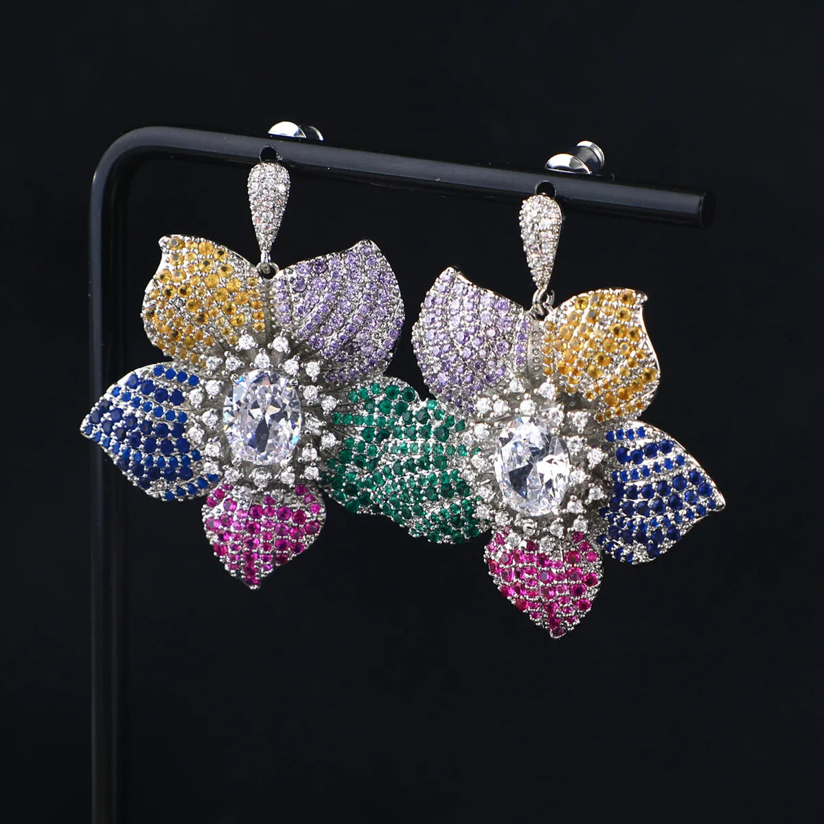 Luxury Bling Full Zircon Multicolor Flower Designer Earrings for Women Dainty Statement Earrings