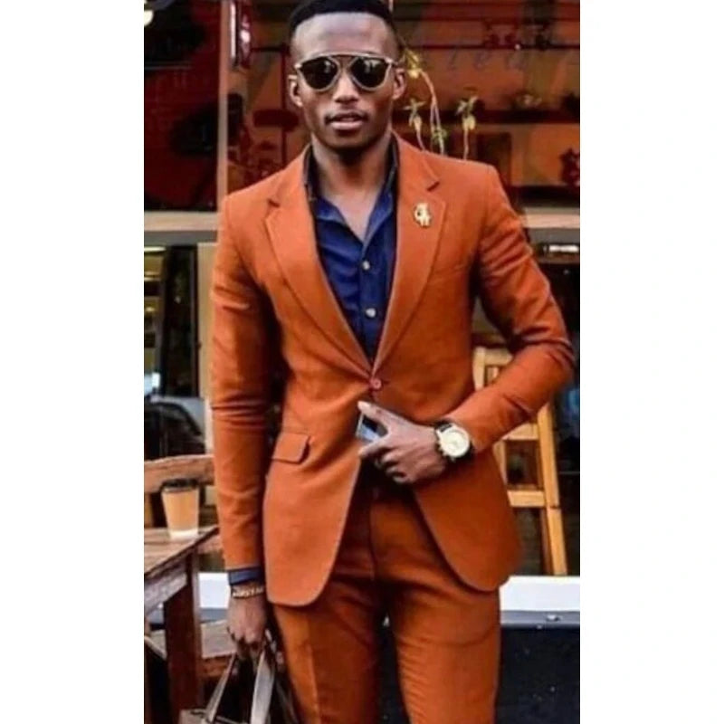 Fashion Orange Men Wedding Tuxedos Groom Wear Notch Lapel Slim Fit Men Blazer Prom Dinner Dress Formal Clothing Custom Made