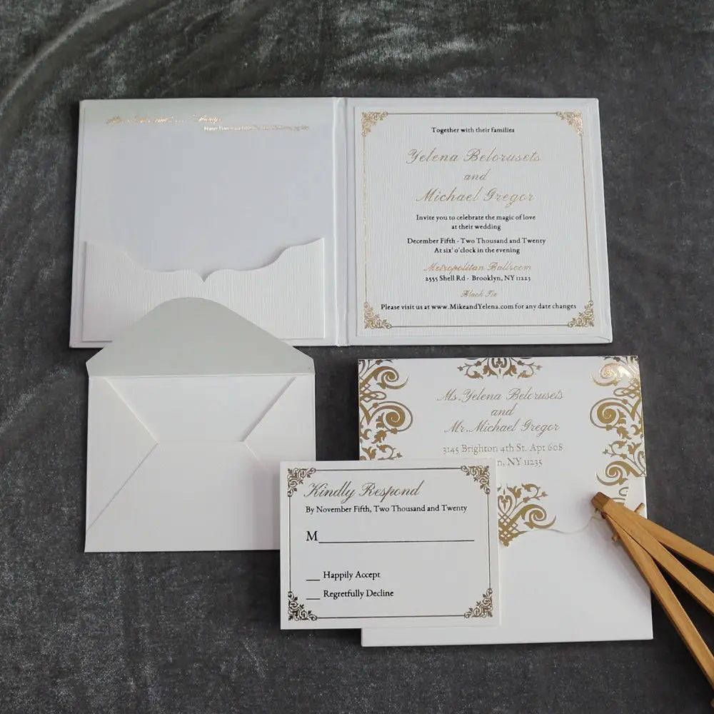 Luxury Deboss Flower Bi Fold Design Gold Foil Hardcover Luxury Wedding Invitation Cards With RSVP Cards Menu Cards