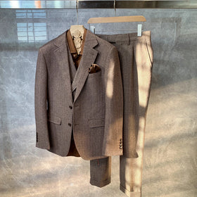 Business and Leisure British Style Wool Herringbone Suit Jacket Korean Version of Plus Size Solid Color Formal Men's Suit Set