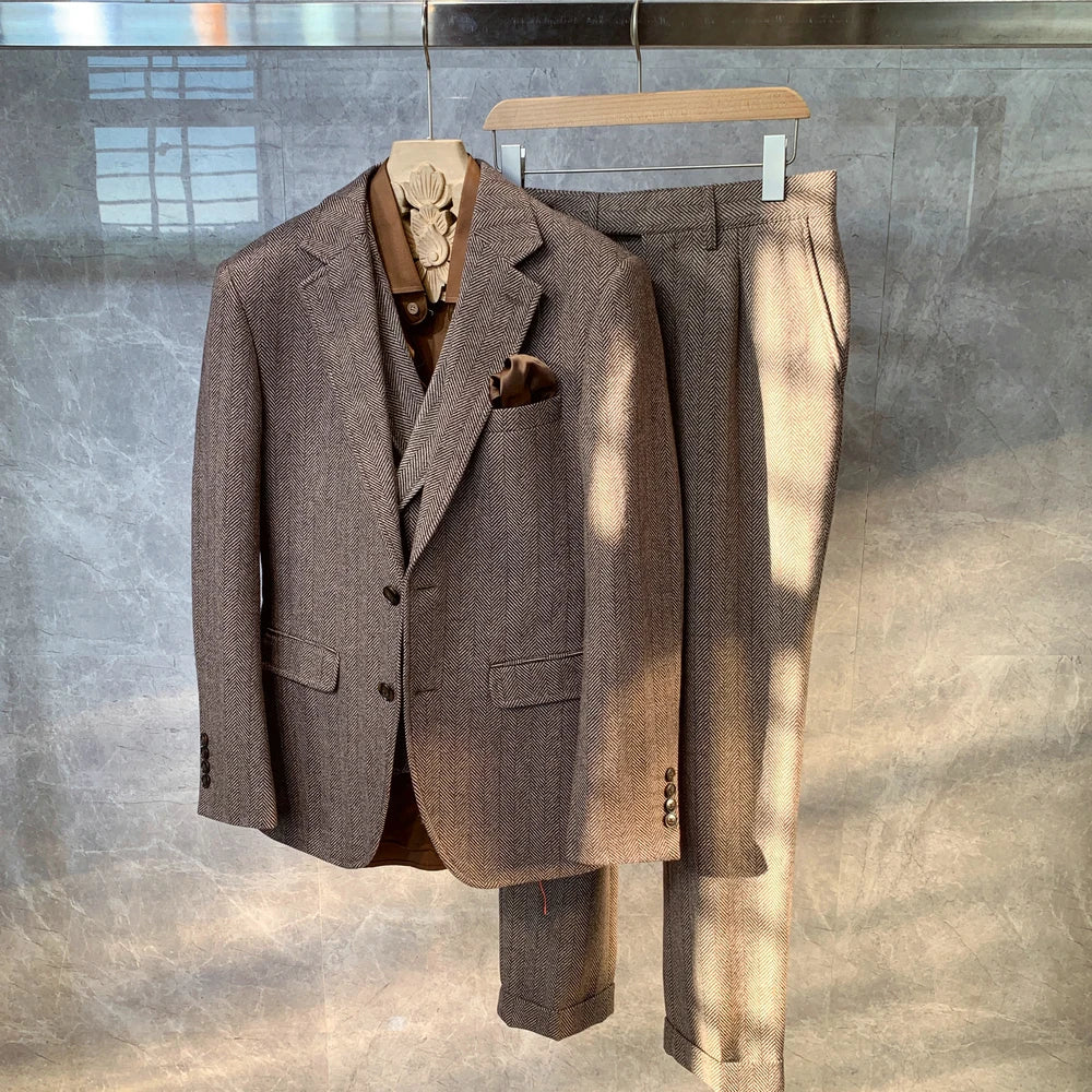 Business and Leisure British Style Wool Herringbone Suit Jacket Korean Version of Plus Size Solid Color Formal Men's Suit Set