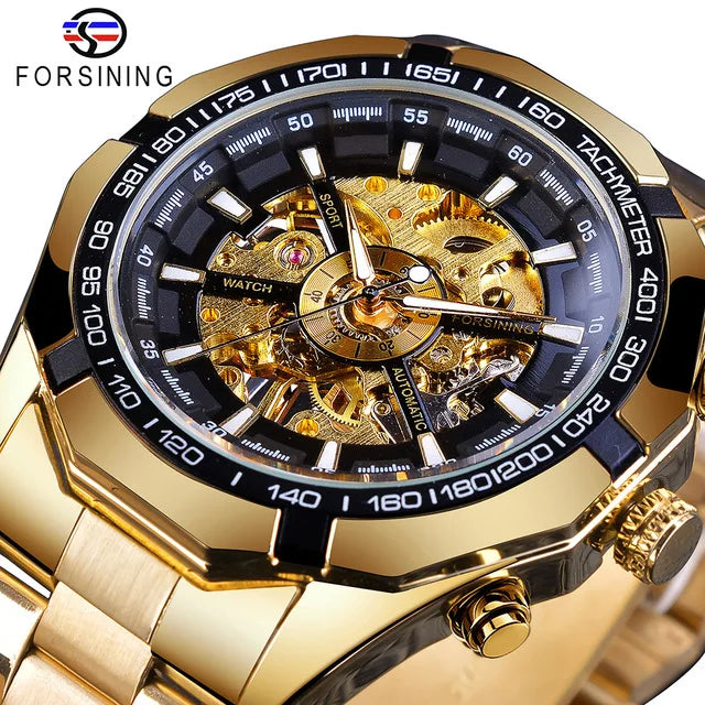 Top Clock Forsining Men Luxury Stainless Steel Waterproof Skeleton Mechanical Watches Transparent Dial Sport Male Wristwatches