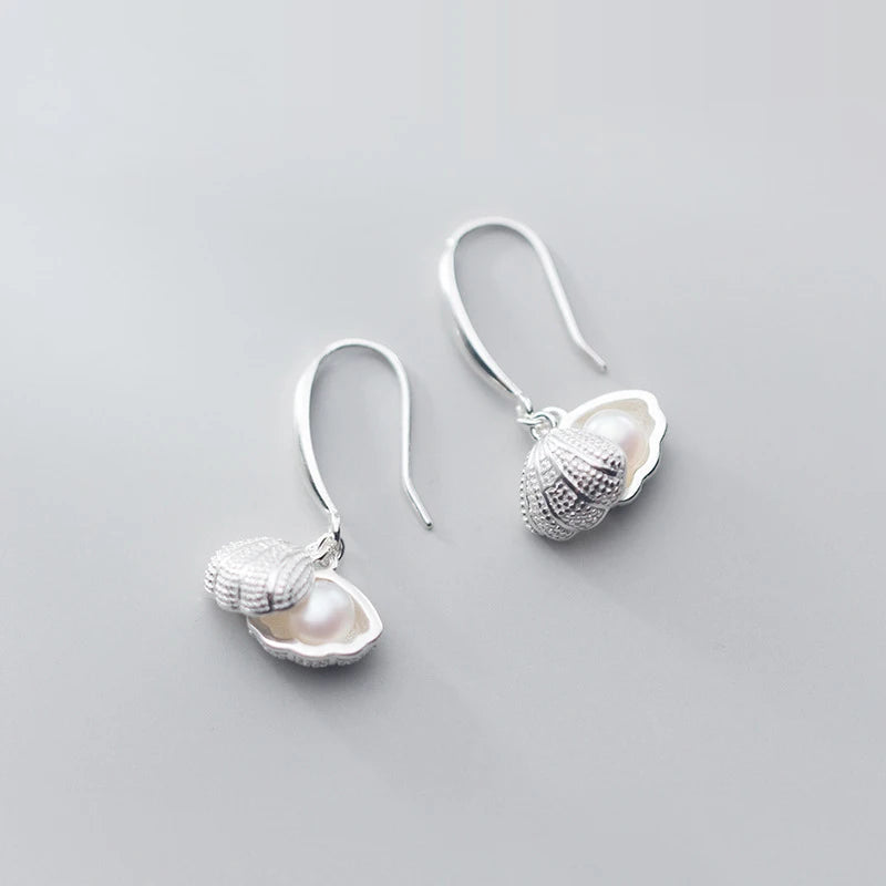 New Sale Real 925 Sterling Silver Shell Pearl Drop Earrings Classic Elegant Charm Dangle Ear for Women Fine Jewelry Gift