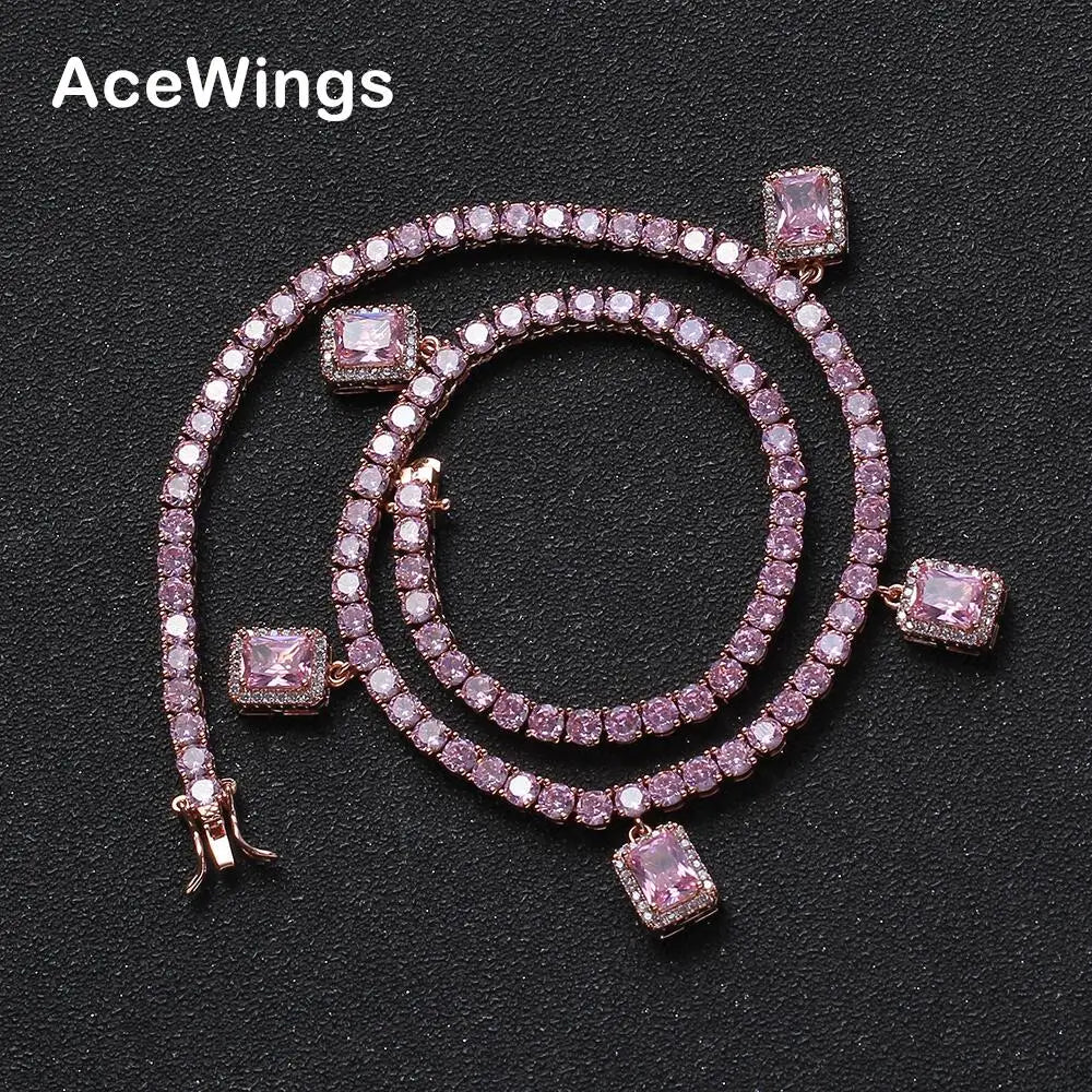 BC111  4mm16" 18" Brass CZ Tennis Chain with 5 Square Charm Necklace  Iced Out Cubic Zircon Jewelry for Women